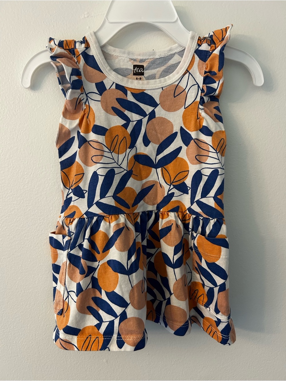 Tea Collection Navy & Orange Leaf Print Ruffle Dress